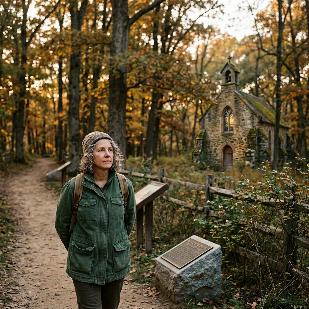 Person in green jacket and hat standing on trail near historic plaques and wooden fence in a forest
